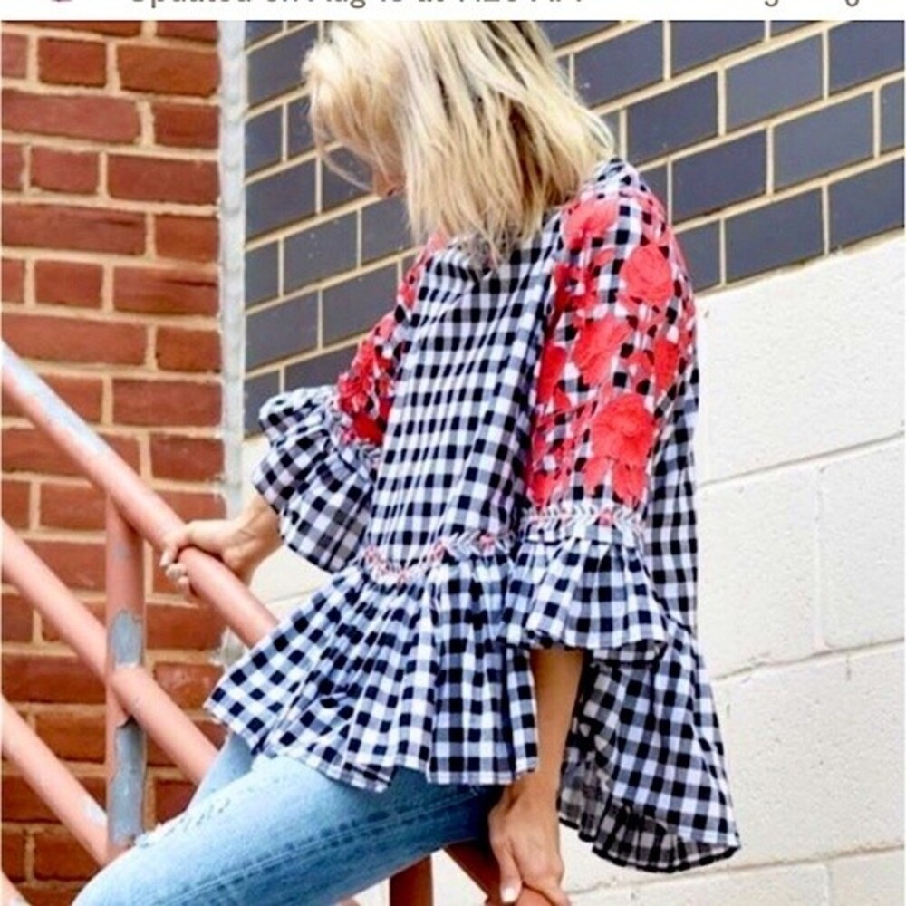 Anthropologie Pankaj and Nidhi Gingham Check Applique Cotton Top S NWOT - Picture 5 of 16